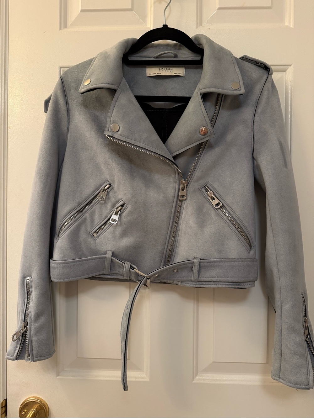 Zara Light Gray Suede Moto Jacket with Belt